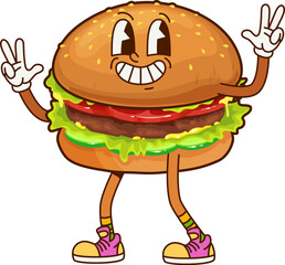 Aufkleber - Cartoon fast food hamburger groovy character. Junk restaurant meal, street cafe hamburger or fast food menu snack happy groovy isolated vector personage. Takeaway restaurant meal funny mascot