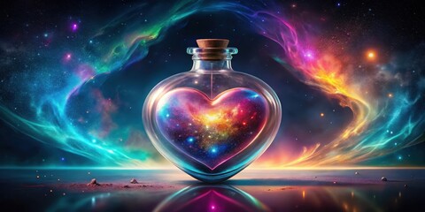 Wall Mural - Cosmic Heart in a Glass Bottle on a Reflective Surface