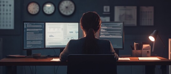 Woman programmer working late at night on multiple computer screens in a dimly lit office.