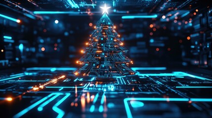 Wall Mural - high-tech digital christmas tree with glowing circuits and bright led lights in a futuristic atmosph