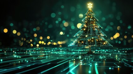 Wall Mural - high-tech digital christmas tree with glowing circuits and bright led lights in a futuristic atmosph