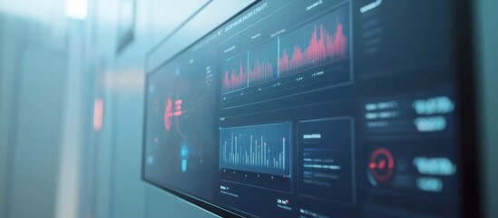 Wall-mounted digital dashboard displaying real-time data analytics with graphs and charts.