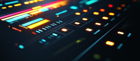 Futuristic digital interface with glowing buttons and controls.