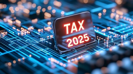 Wall Mural - Metallic TAX 2025 Text Radiating in Glowing Blue Digital Background   Futuristic Financial Technology Concept for Investment Growth and Cyber Security Solutions