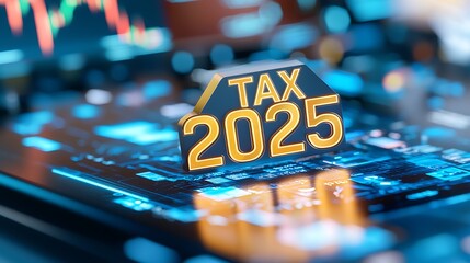 Wall Mural - Futuristic Tax 2025 Text Integrated into Glowing Futuristic Digital Background with Data Analytics Financial Trends and Business Opportunities Concept