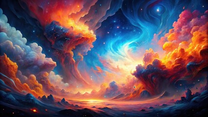 Wall Mural - Vibrant Celestial Landscape A Dreamlike Panorama of Swirling Nebulae and Colorful Clouds Over a Serene Mountain Range