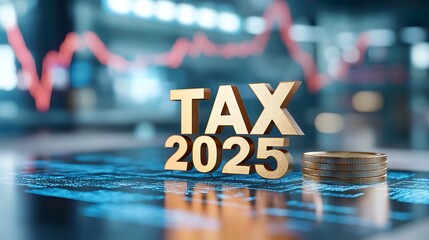 Wall Mural - Illuminated golden TAX 2025 text against a vibrant colorful financial background representing the future of taxation finance and the economy