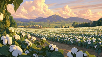 Wall Mural - Cotton field at dawn, with mountains in the background.