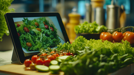 Canvas Print - A tablet displays a vibrant salad image beside fresh lettuce, tomatoes, and cucumbers.  The scene evokes healthy eating and recipe inspiration in a kitchen setting.