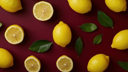 Canvas Print - Lemons and green leaves pop against a dark red background, creating a vibrant, refreshing visual of natural colors