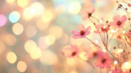 Wall Mural - Delicate daisies glow in warm sunlight, enhanced by a dreamy bokeh background, evoking tranquility and beauty in nature