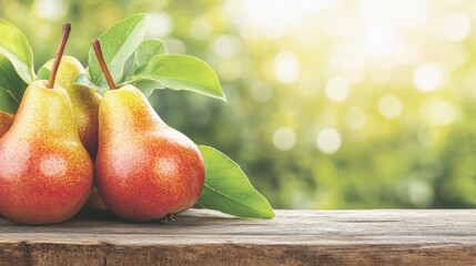 Canvas Print - Bright red pears rest on a wooden table outdoors, surrounded by nature, showcasing their freshness and natural beauty