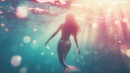 Wall Mural - A colorful underwater environment features a mermaid gliding through light rays with sparkling water reflections surrounding her