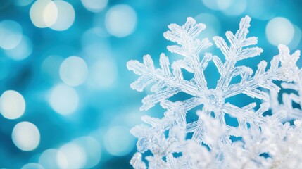 Macro view reveals the delicate structure of snowflakes shining against a soft blue background filled with bokeh highlights