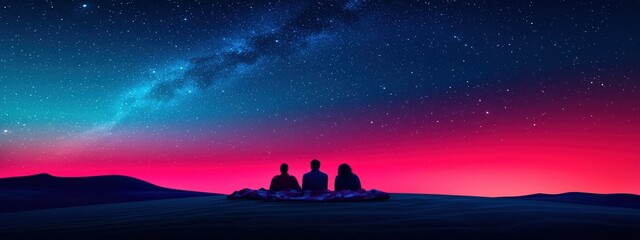 Wall Mural - three people are sitting on a blanket in the middle of a field