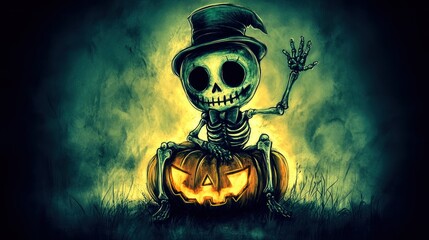 Sticker - Cute spooky skeleton sitting on a glowing jack-o'-lantern in smoky background.