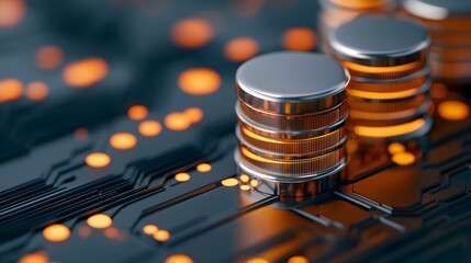 Modern Technology Concept Featuring Digital Coins and Circuit Board Design