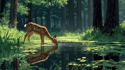 Sticker - Spotted deer drinks from tranquil forest pond. Illustrates serenity, nature's beauty, wildlife.