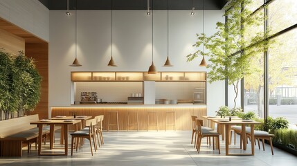 Wall Mural - Modern minimalist cafe interior with natural light and wooden furniture.