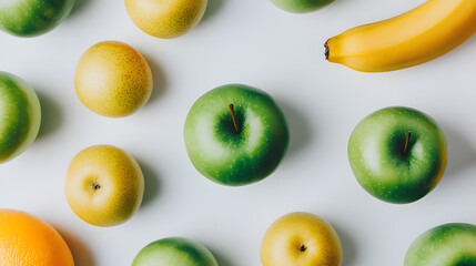 Canvas Print - Flat lay of fresh green apples, yellow pears, a banana, and an orange on a white background.  Vibrant colors and healthy food concept.