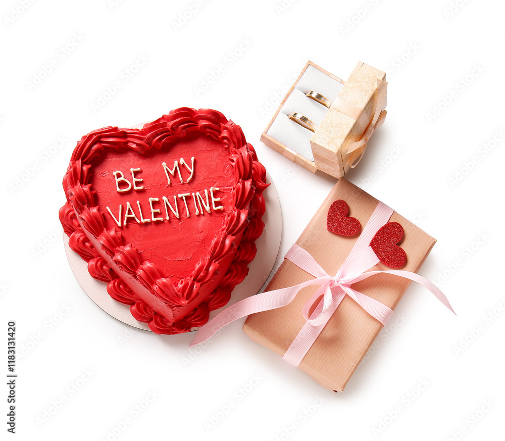 Sweet bento cake with gift box and engagement rings on white background. Valentine's Day celebration