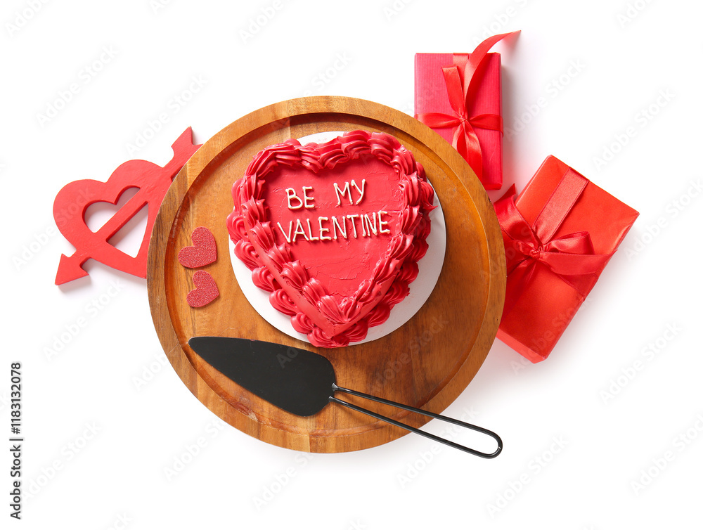 Wooden stand with sweet bento cake and gift boxes on white background. Valentine's Day celebration