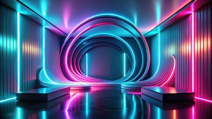 Wall Mural - abstract neon cyberpunk room with platforms and glowing lines
