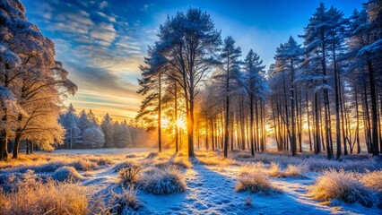 Poster - Magical Winter Forest Sunrise: Golden Rays Illuminate Frozen Trees