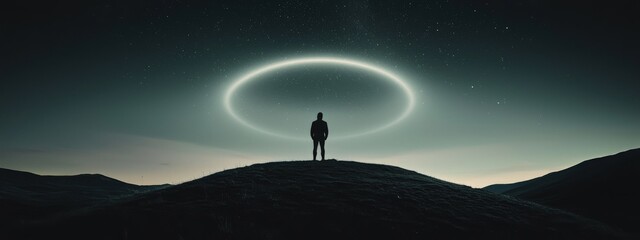 Wall Mural - a man stands on a hill in the middle of a field