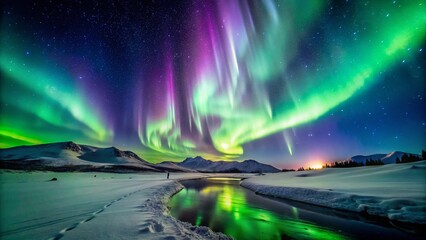 Poster - Majestic Aurora Borealis: Vibrant Green and Purple Northern Lights Display Over Snowy Landscape