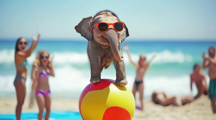 Elephant balancing on beach ball, wearing sunglasses, with people in background.