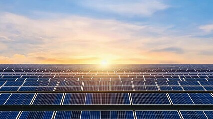 a vast field of solar panels reflects the golden glow of a sunrise, renewable energy and sustainable
