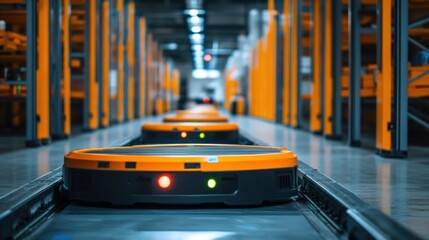 Wall Mural - an advanced warehouse environment showcasing robotic conveyors and state-of-the-art automated storag