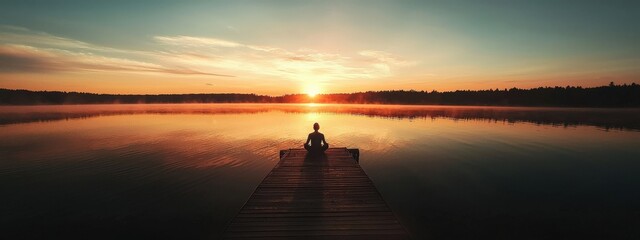 Wall Mural - A man is sitting on a dock by a lake