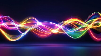 Wall Mural - neon light waves in vibrant colors flow across a dark backdrop, creating a captivating sense of move