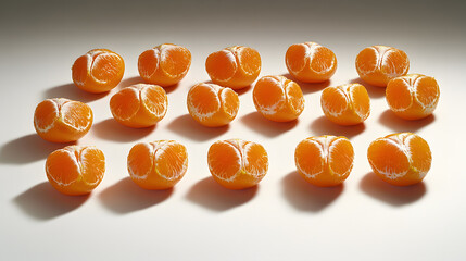 Canvas Print - Fifteen peeled mandarin oranges arranged neatly on a white surface.