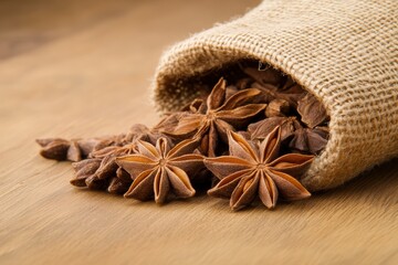 Wall Mural - Star anise spilling from a burlap sack on a wooden table.