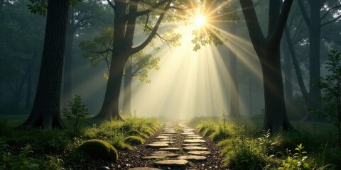Poster - Sunlit Path Through a Misty Forest on a Serene Morning