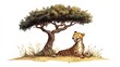 © Sakdecha - a 2D cartoon illustration of a laughing cheetah under a tree, savannah theme, white background--ar 16:9