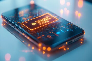 Digital smartphone screen displaying a glowing financial app interface