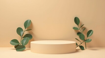 Poster - Cream-colored pedestal with flanking green leaves on a beige background