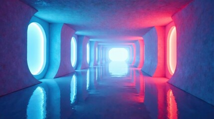 Leinwandbilder - Abstract Neon Corridor with Reflective Floor and Oval Windows