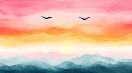 Poster - Watercolor abstract background concept. A vibrant watercolor sunset with silhouetted birds over colorful mountain ranges.