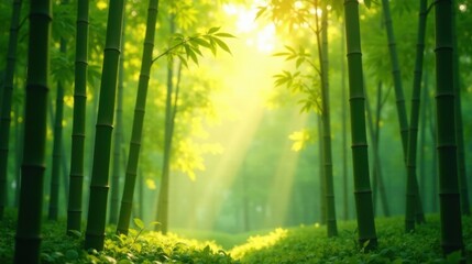Poster - Serene Bamboo Forest at Sunrise Lush Greenery and Sunlight Beams