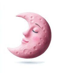 Wall Mural - Valentine theme concept, A whimsical pink moon with a serene face, symbolizing tranquility and dreams, floating softly against a white background.