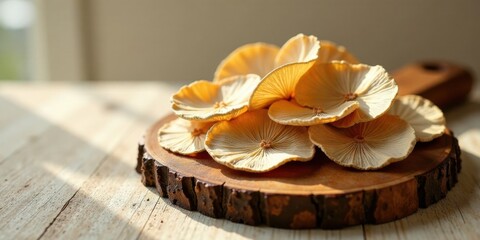 Aufkleber - Delicate Dried Fungi Arranged on Rustic Wooden Board