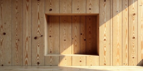 Aufkleber - Sunlit Recessed Wooden Shelf Display Niche in Light Wood Paneling Wall