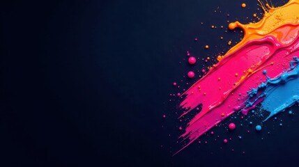Poster - Vibrant paint strokes and splatters on a dark background, creating an abstract design ideal for modern visuals