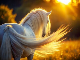 Wall Mural - Majestic White Horse Tail, Golden Hour Sunlight, Miniature Tilt-Shift Photography