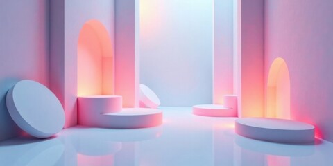 Aufkleber - Abstract Pastel Studio Backdrop with Cylindrical Platforms and Archways